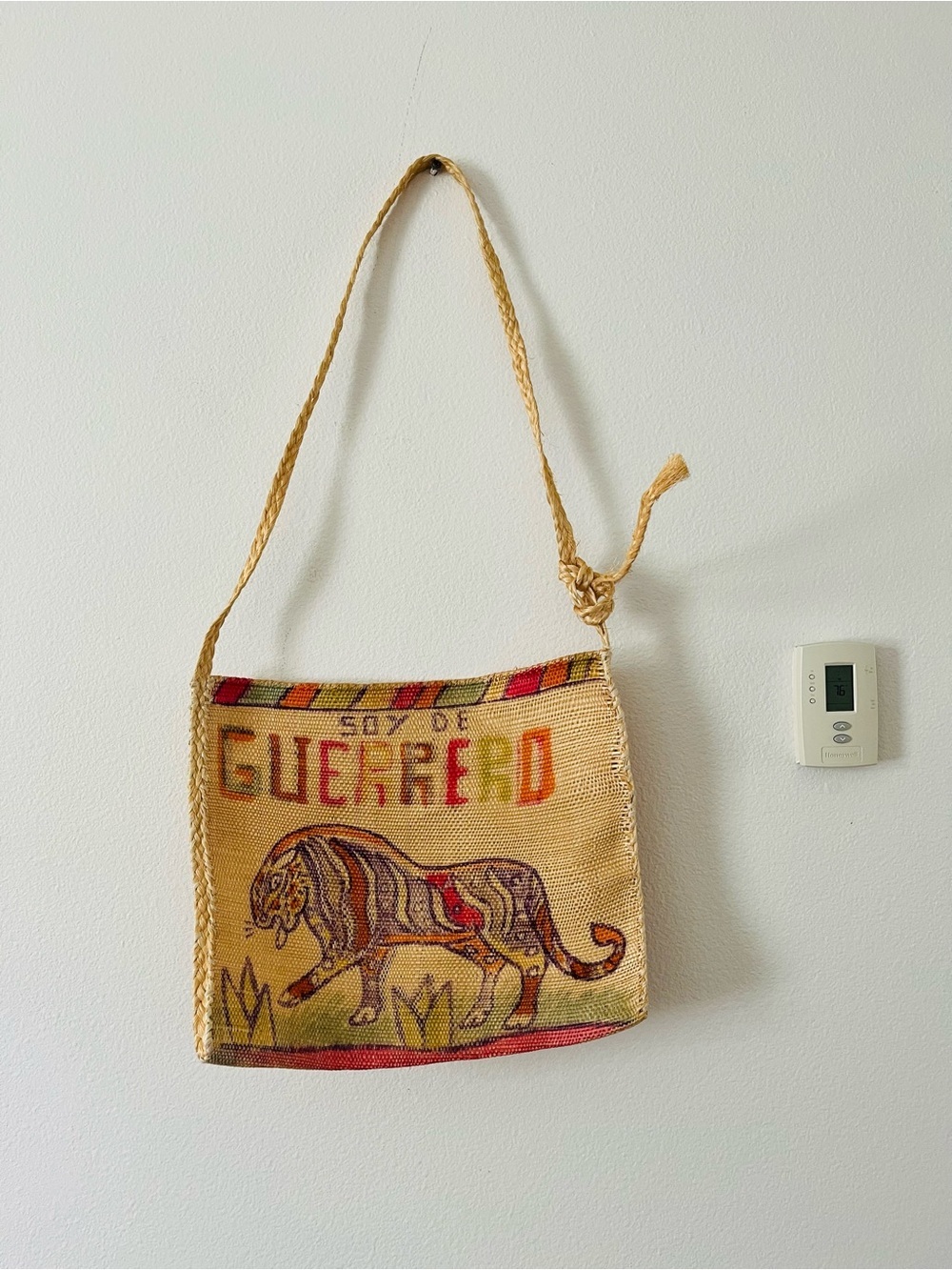 Handwoven Tiger Canvas Shoulder Bag in Beige with Red & Green Accents